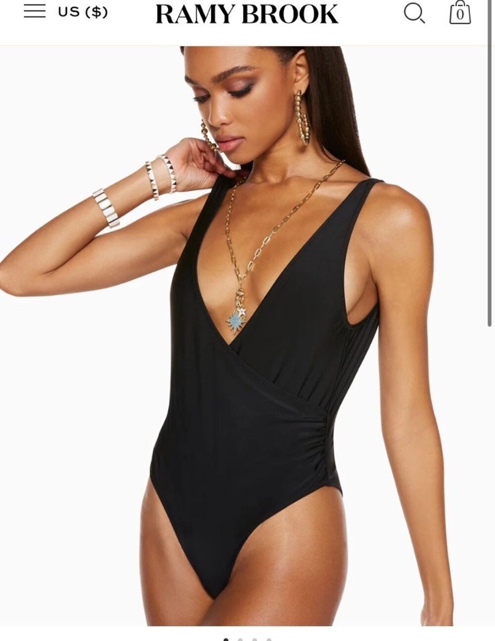 $229 Ramy Brook Women's black Soren V-Neck One-Piece Swimsuit Size large